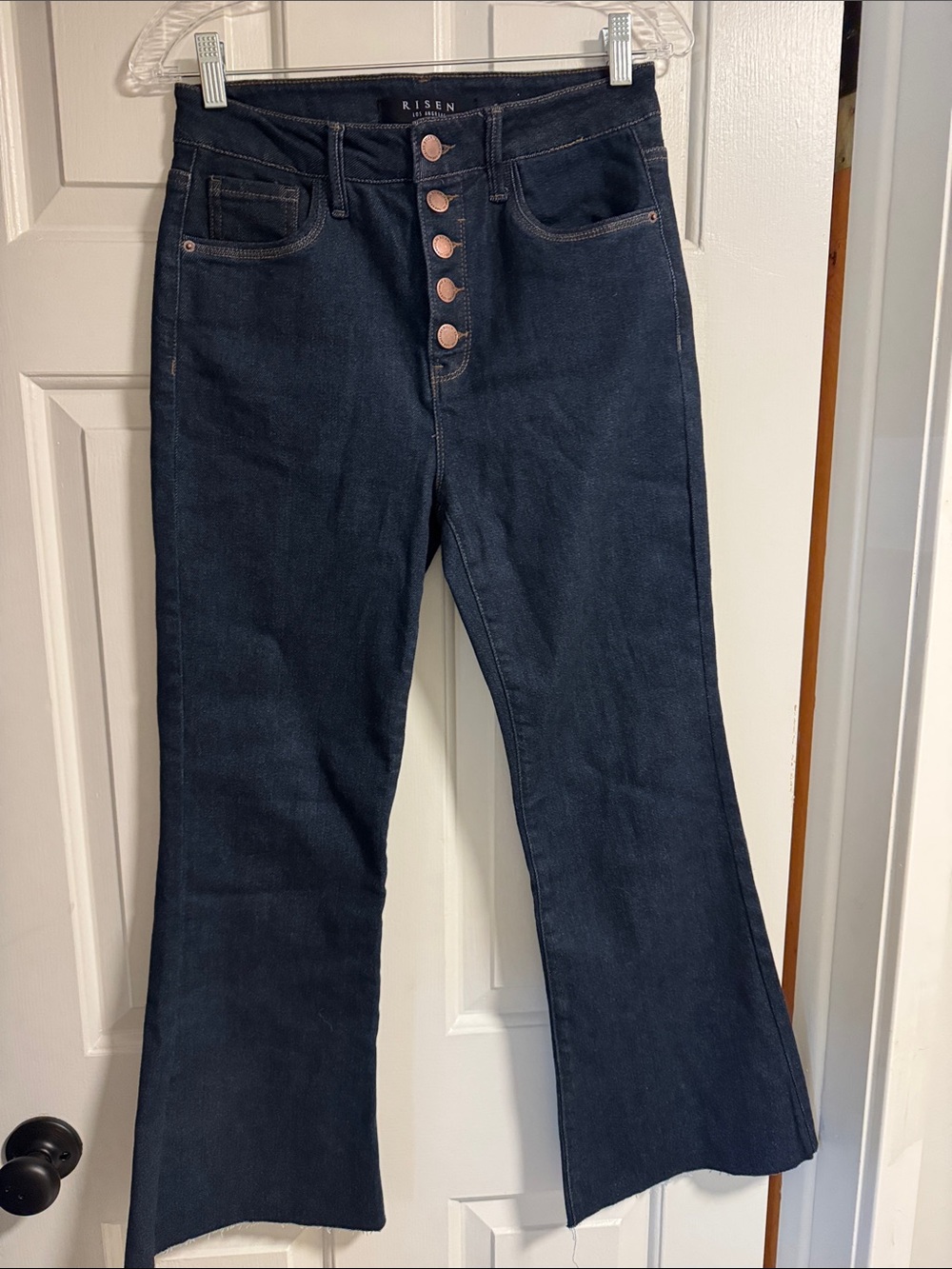 RISEN Dark Indigo High-Rise Button-Fly Flare Jeans